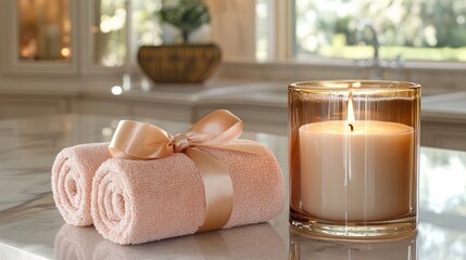 Soft Pink Towels Wrapped with Ribbon Beside a Flickering Candle on a Marble Countertop in a Cozy Spa-Like Room with Natural Light