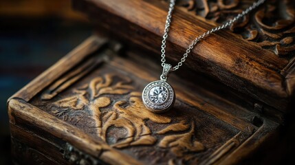 Vintage Silver Compass Pendant Necklace with Intricate Details on Antique Wooden Jewelry Box Surrounded by Artistic Carvings and Textures