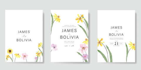 Elegant wedding invitation card background vector. Minimal hand painted watercolor botanical flowers texture template background. Design illustration for wedding, vip cover, poster, rsvp modern card.