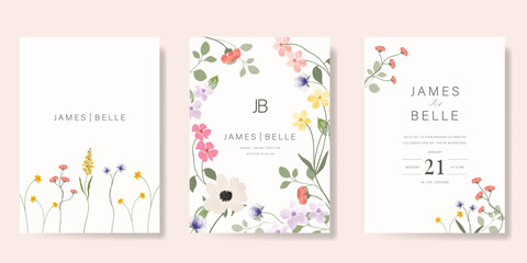 Elegant wedding invitation card background vector. Minimal hand painted watercolor botanical flowers texture template background. Design illustration for wedding, vip cover, poster, rsvp modern card.