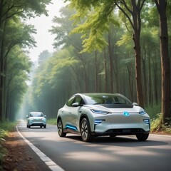 Electric car or hydrogen energy car on road midst forest and natural. Environmental friendly travel.