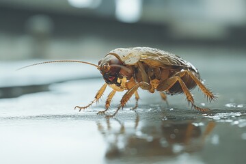 Fototapeta premium Close-up of a brown cockroach on a wet surface. Illustrates pest control, hygiene, or fear.