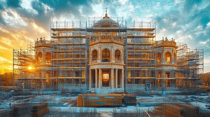 Palace under restoration with scaffolding and golden hour sky