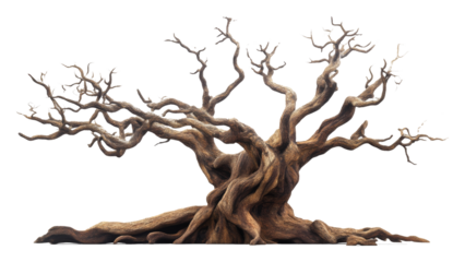Ancient twisted tree with bare branches, isolated on white. Nature and growth concept