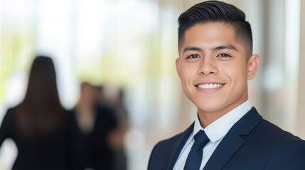 a young Mexican man wearing suit and smiling, at office building and many people walking on blur background