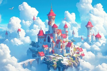 A whimsical castle sits atop a cloud, red roofs and white walls. Perfect for fairytale, fantasy, or dream-themed projects.