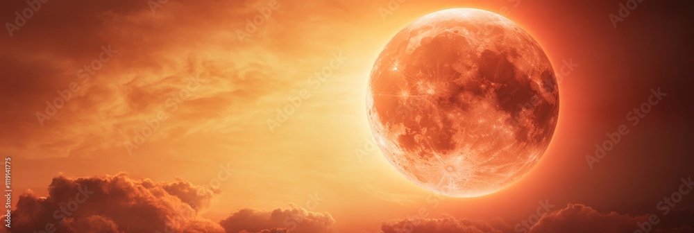 Wall mural glowing red moon in the sky with clouds in red color hue
