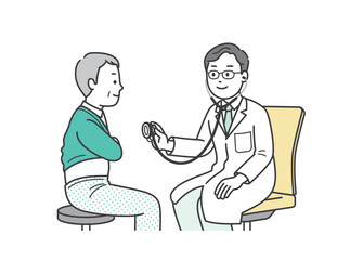 病院で診察を受ける高齢男性と聴診機を当てる医師の全身イラスト