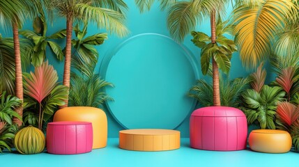 Fototapeta premium A vibrant tropical scene with colorful seating and lush greenery, perfect for relaxation.