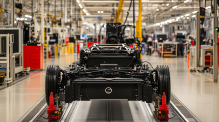 Car Factory 3D Concept: Automated Robot Arm Assembly Line Manufacturing High-Tech Green Energy Electric Vehicles. Automatic Construction, Building, Welding Industrial Production Conveyor. Front View