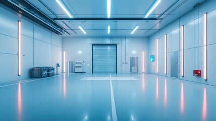 Fototapeta premium Modern High-Tech Warehouse Interior with Neon Lights and Equipment