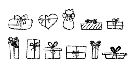 Set of doodle gift ribbon bow. Simple line elements collection drawing by black crayon. Sketch stile minimalistic ribbon bow. Children art pastel handdrawing loop of cord. Vector illustration