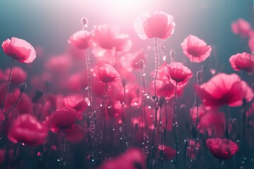 Obraz premium Vibrant pink poppies in a sunlit field, water droplets glistening. Perfect for cards, websites, or spring themes.