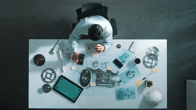 Top down view of skilled engineer writing and planning turbine engine design while sitting at meeting table with gear and electronic generator scatter around. Technician taking a note. Alimentation.