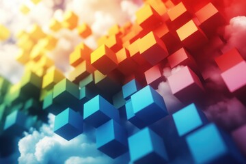 Colorful 3D cubes floating among clouds, creating a vibrant and abstract visual effect.