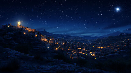 Illustration capturing the quiet stillness of Bethlehem at night during the birth of Jesus 