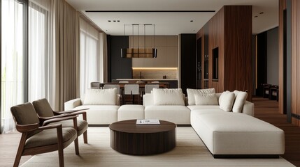 Fototapeta premium Modern Living Room Interior Design with Wooden Accents