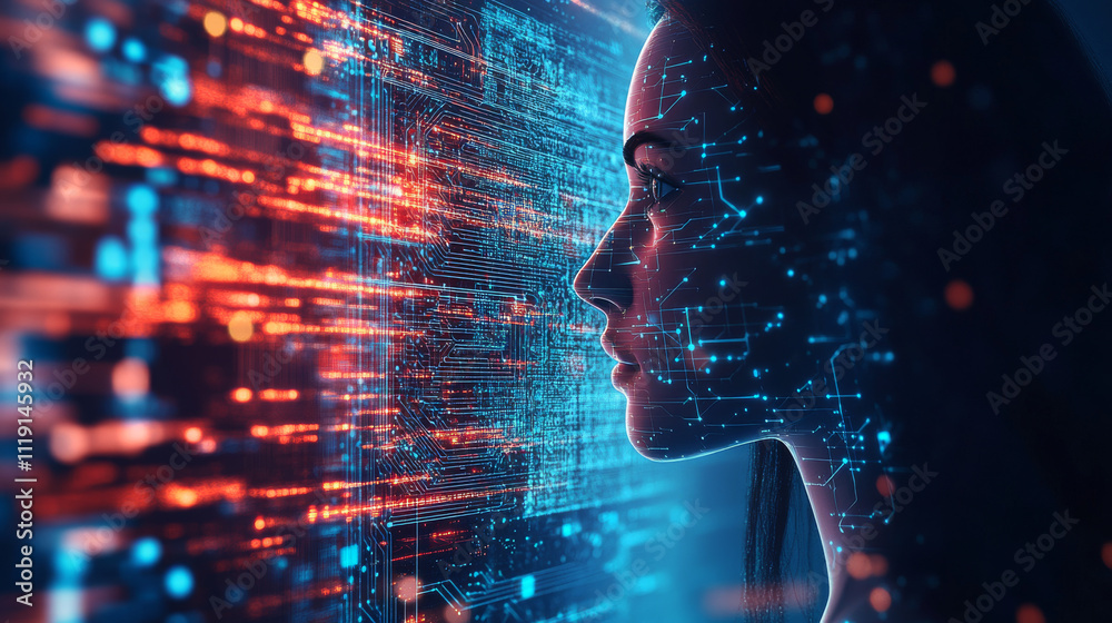 Poster advanced technology concept visualization: circuit board cpu processor microchip starting artificial