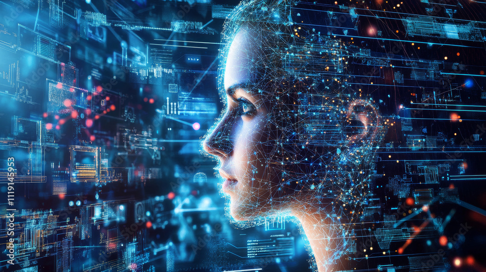 Poster advanced technology concept visualization: circuit board cpu processor microchip starting artificial