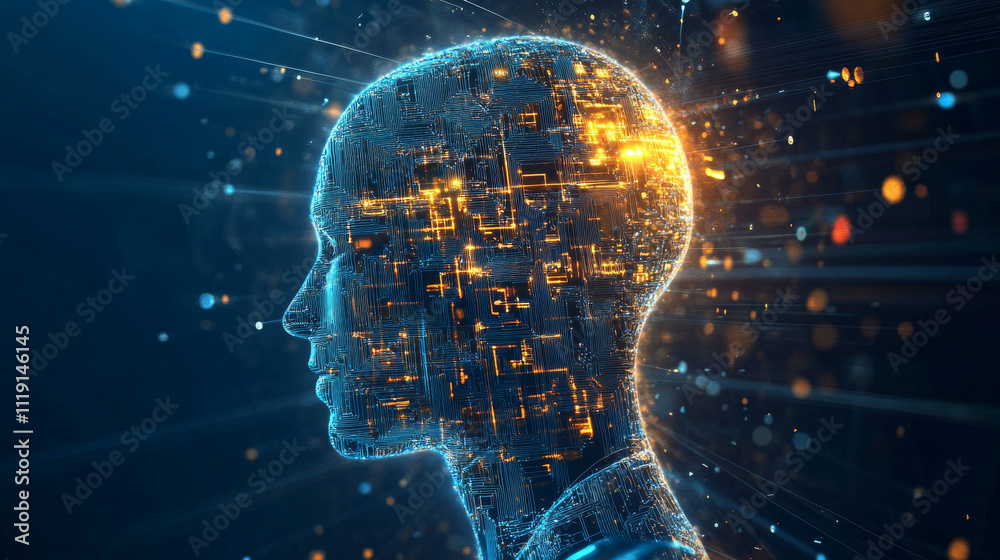 Poster Advanced Technology Concept Visualization: Circuit Board CPU Processor Microchip Starting Artificial Intelligence Digitalization of Neural Networking and Cloud Computing. Digital Lines Move Data