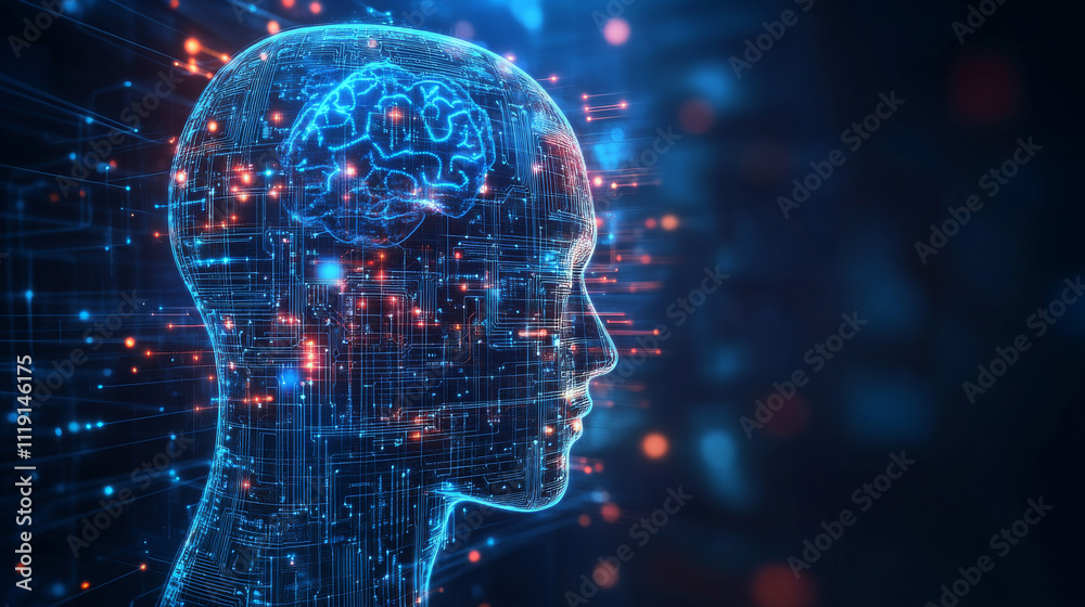 Poster advanced technology concept visualization: circuit board cpu processor microchip starting artificial