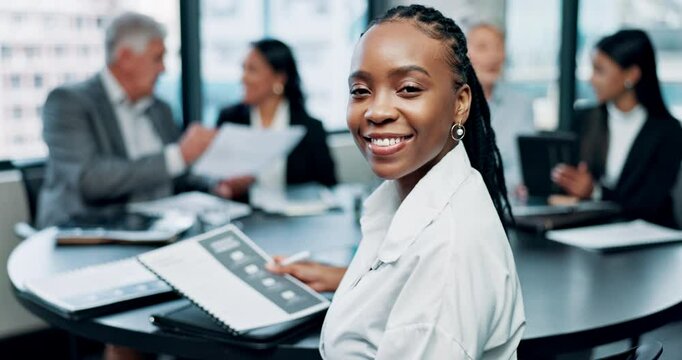 Documents, meeting and face of woman with business people in workshop, planning and discussion with team. Professional, office and portrait of person with paperwork for review, proposal and planning