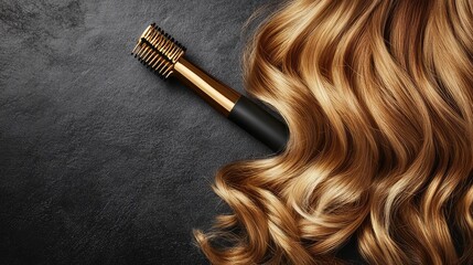 Naklejka premium Elegant Golden Hair Waves with Hair Styling Tool on Dark Surface