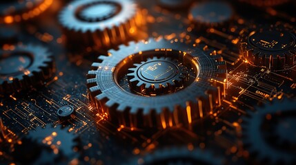 An abstract technology background with gears and connection lines represents a digital network concept for business presentations or data science illustrations