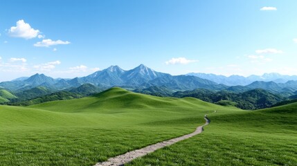 Obraz premium Scenic landscape with rolling hills and distant mountains under blue sky.