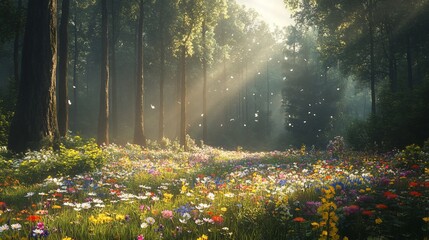 Obraz premium Sunlit forest path with wildflowers and floating particles.