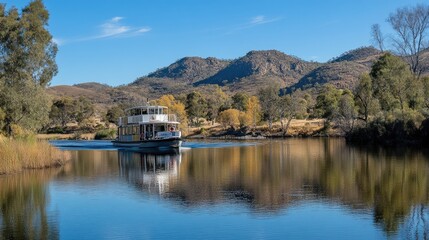 Scenic Riverboat Landscape with Green Hills and Clear Blue Sky