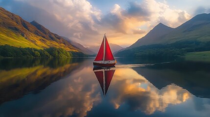 Majestic Sailboat with Red Sails Gliding on Serene Mountain Lake