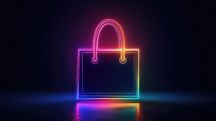 Colorful Neon Shopping Bag Illuminated in Dark Background