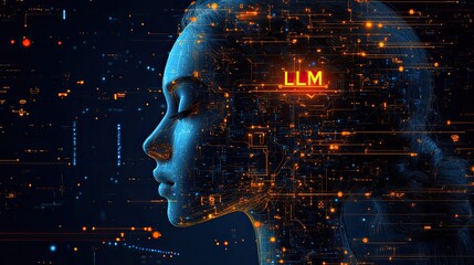 An AI silhouette head with LLM letters above and circuitry around, on a dark blue background