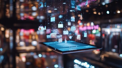 Digital Shopping Experience with Floating Icons Above a Tablet Screen