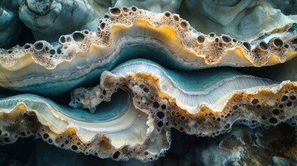 Intricate layers of blue, beige, and brown agate with bubble formations. Perfect for designs needing a natural, textured, or geological theme.