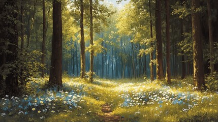 Sunlight streams through a serene forest path, carpeted in wildflowers.