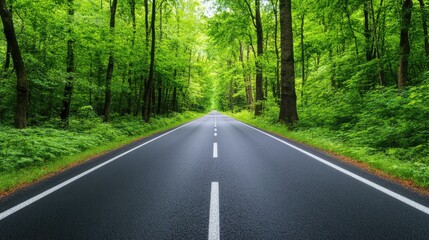 Fototapeta premium Serene Road Through Lush Green Forest Surrounded by Tall Trees