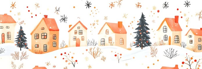 Winter city scene, Christmas card, New Year background, vector cute fairy tale house with snow. Pattern Christmas Winter Landscape Design Postal Cart，banner