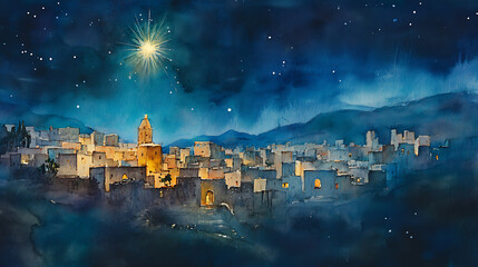 Scenic watercolor of Bethlehem at night with the star shining brightly above the city 