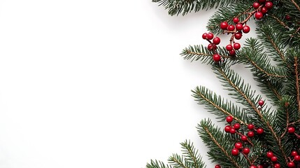 Christmas flatlay with spruce branches, red berries, and white background, space for text