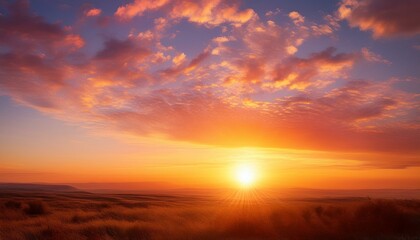 Fototapeta premium Golden sun ascending in a vivid morning sky, casting warm orange and pink tones, symbolizing renewal and the beauty of nature