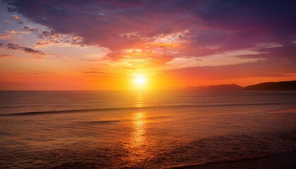 Fototapeta premium Golden sun ascending in a vivid morning sky, casting warm orange and pink tones, symbolizing renewal and the beauty of nature