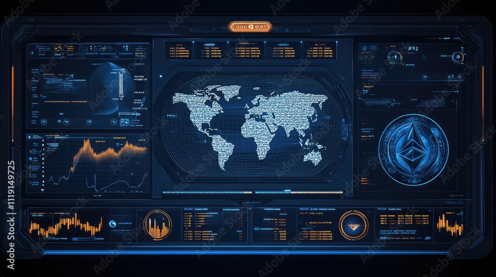 Poster futuristic data interface with world map and graphical elements