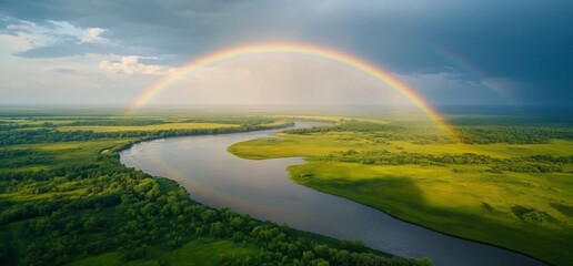 Aerial view of a rainbow over a river flowing through a lush green landscape.