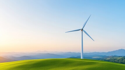 Obraz premium Wind turbine on a grassy hill with mountains in the background.