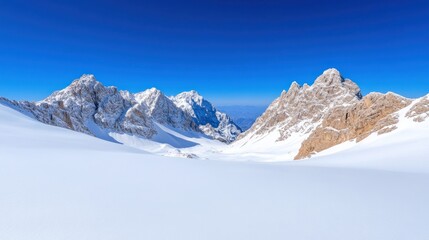 Fototapeta premium Snowy mountain landscape under a clear blue sky.