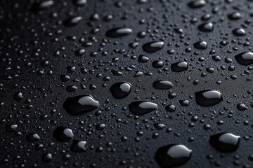 Close-up of water droplets on dark surface. Ideal for backgrounds, texture, or water-resistant themes.