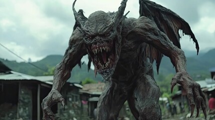 Fototapeta premium Ferocious Winged Beast Approaching Village