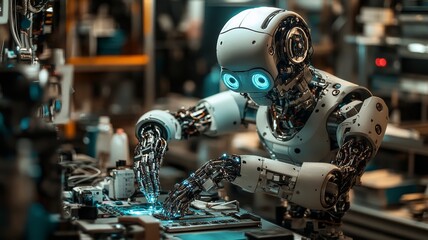 Fototapeta premium Advanced humanoid robot working on electronic components in a lab